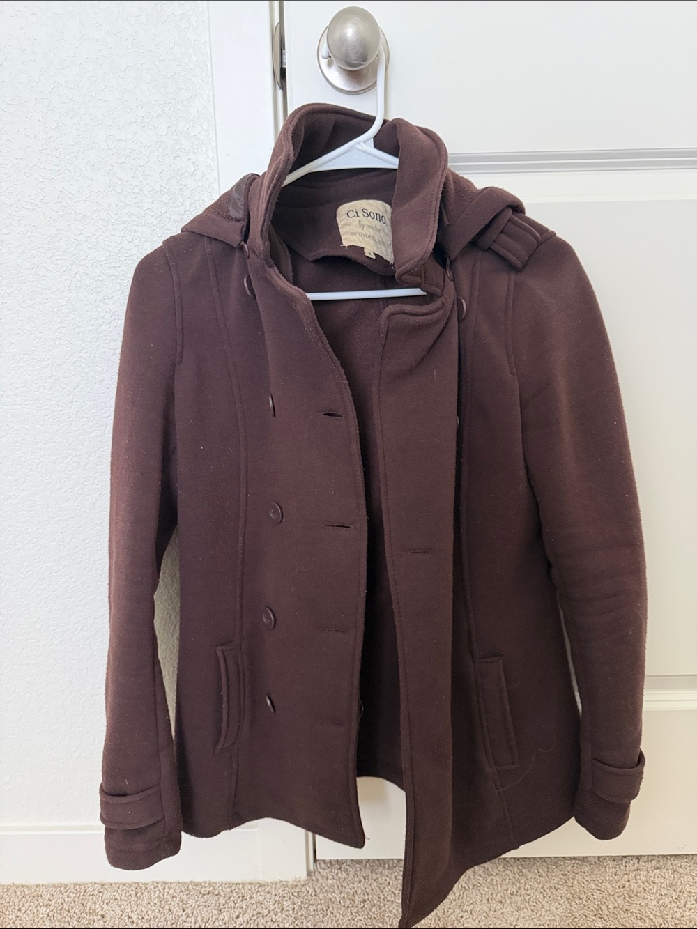 Ci Sono Women's Dark Brown Hooded Wool-Blend Peacoat